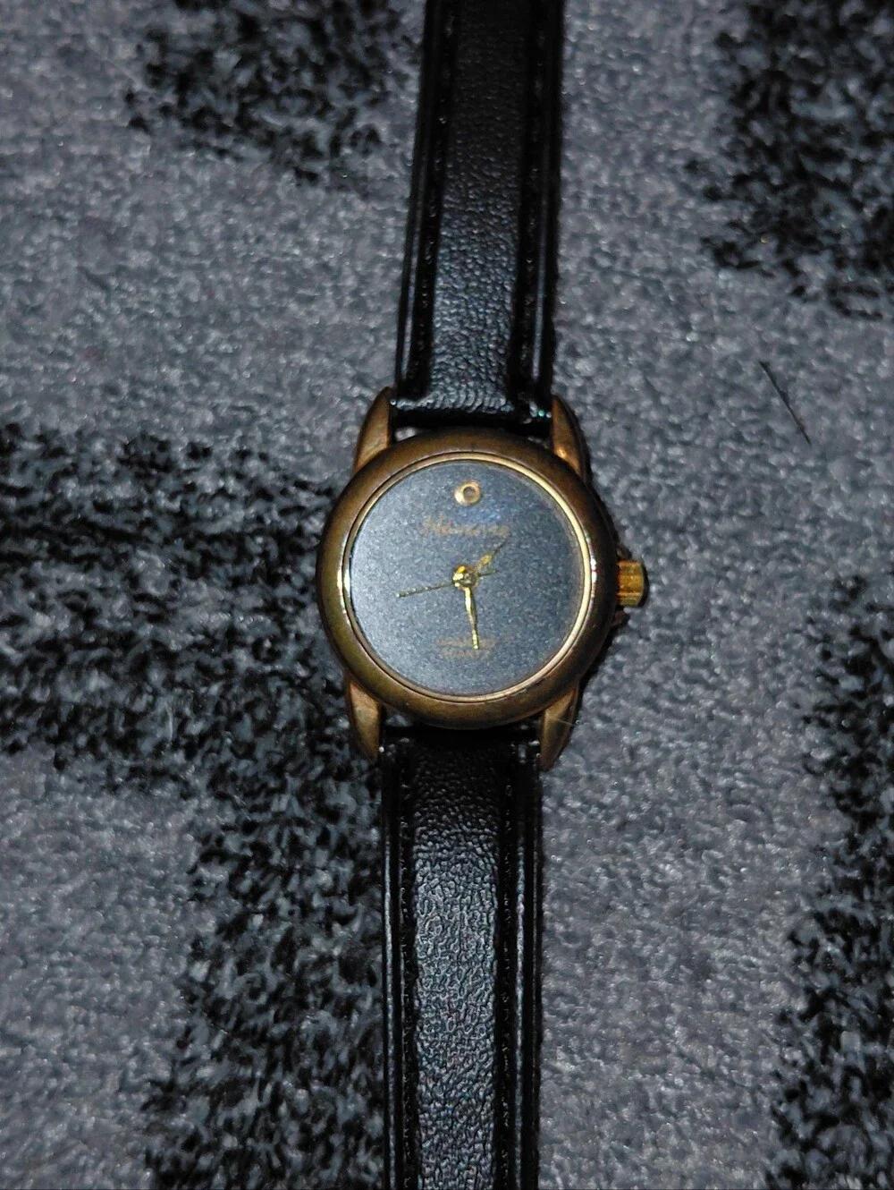 Vintage Navarre Diamond Quartz Watch Black Dial Gold Tone Leather Band CC